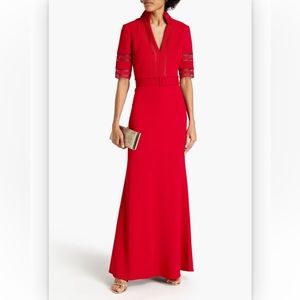 BADGLEY MISCHKA
Belted guipure lace-trimmed crepe gown